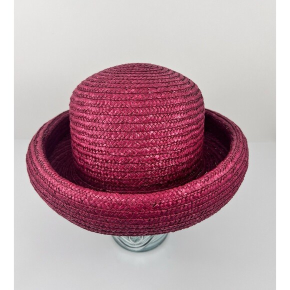 VTG Laura Ashley Italy Pink Red Raffia Straw Hat Rolled Brim Coche Style Cottage main image 4
